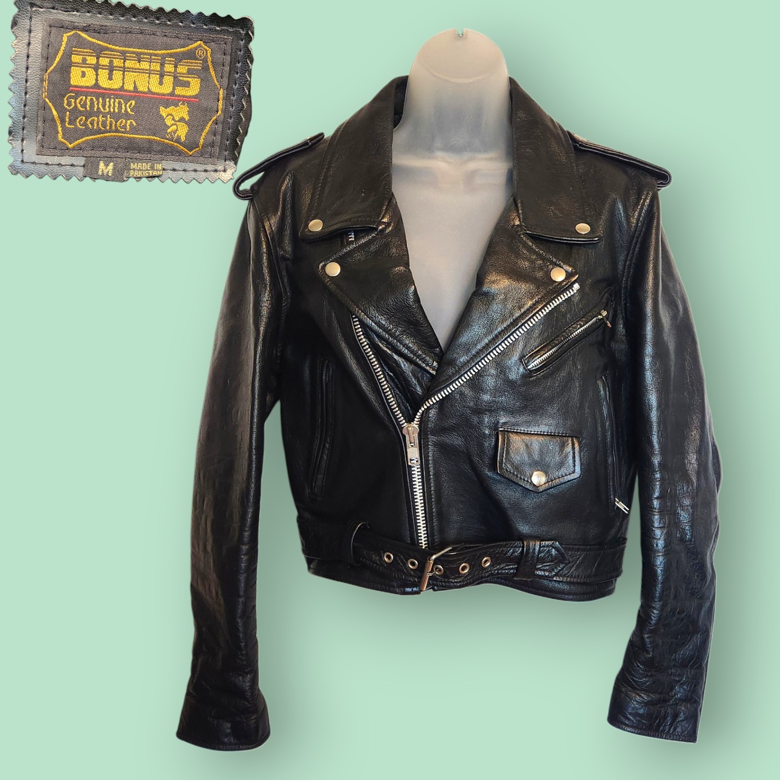 Vintage 80s 90s BONUS Genuine Leather Biker Jacket Medium Black Motorcycle Moto Vintage 80s 90s BONUS Genuine Leather Biker Jacket Medium Black Motorcycle Moto