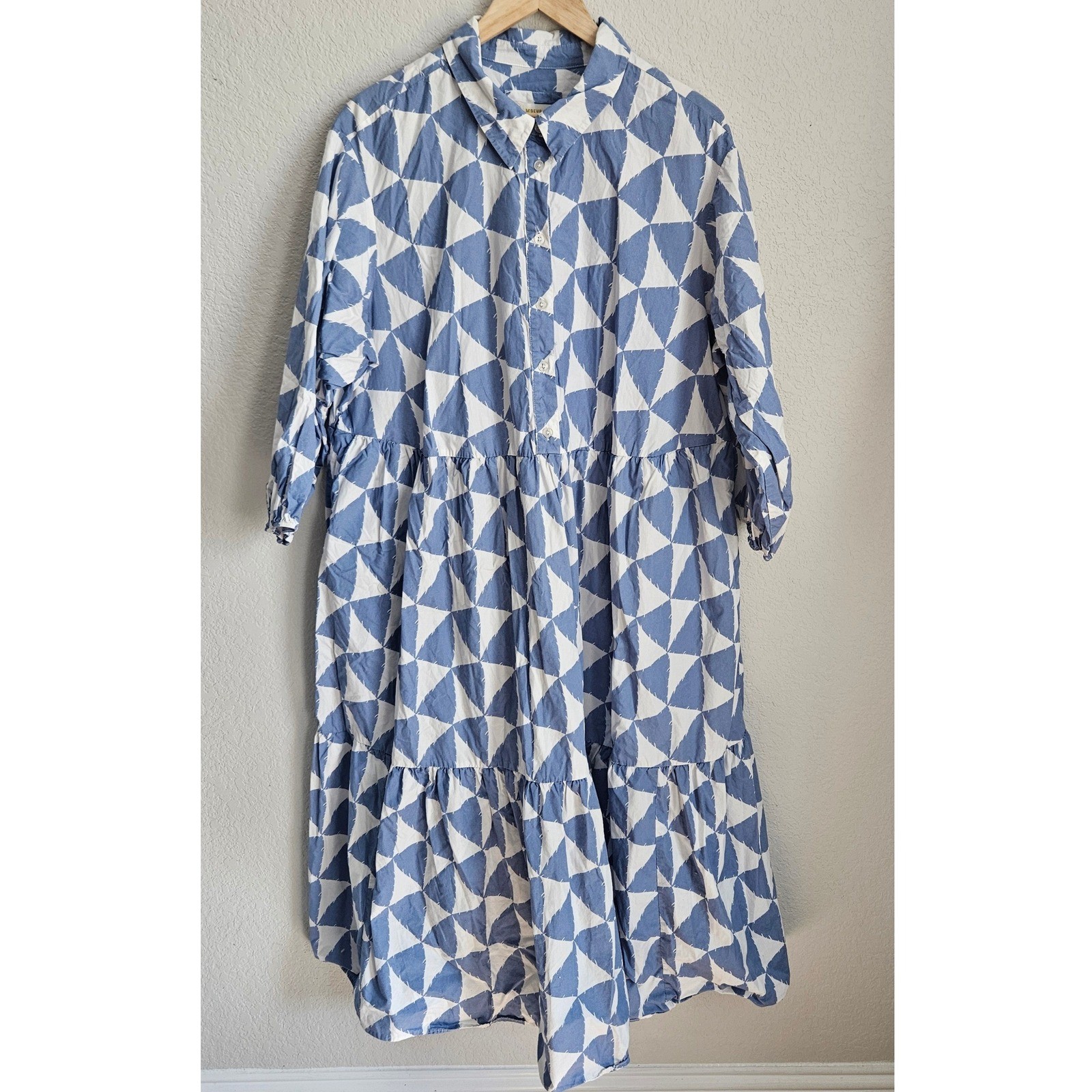 Maeve Anthropologie Blue White Geometric Triangle Tiered Shirt Dress 2X