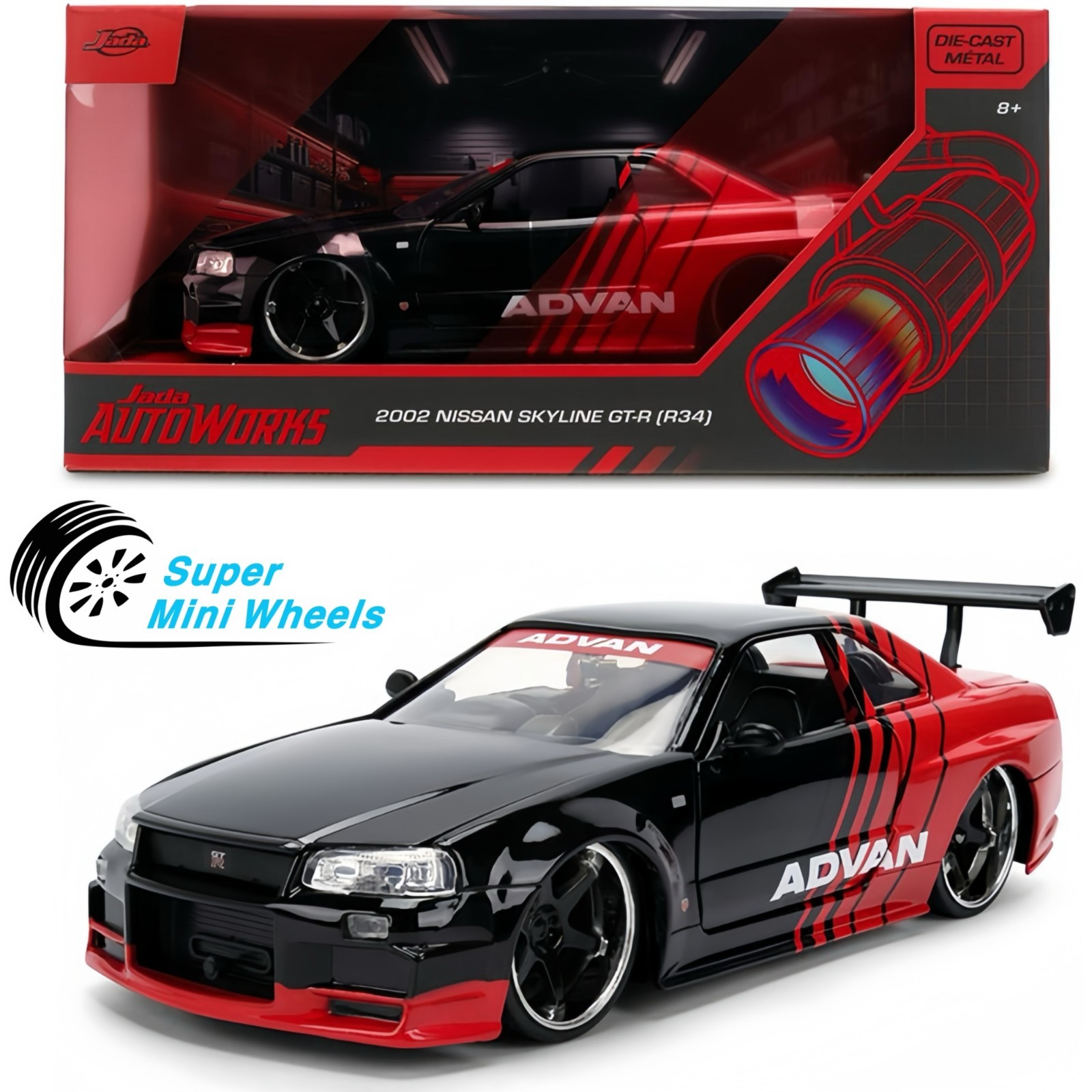 Jada 1:24 2002 Nissan Skyline GT-R (R34) ADVAN – Black Red – Autoworks #38346