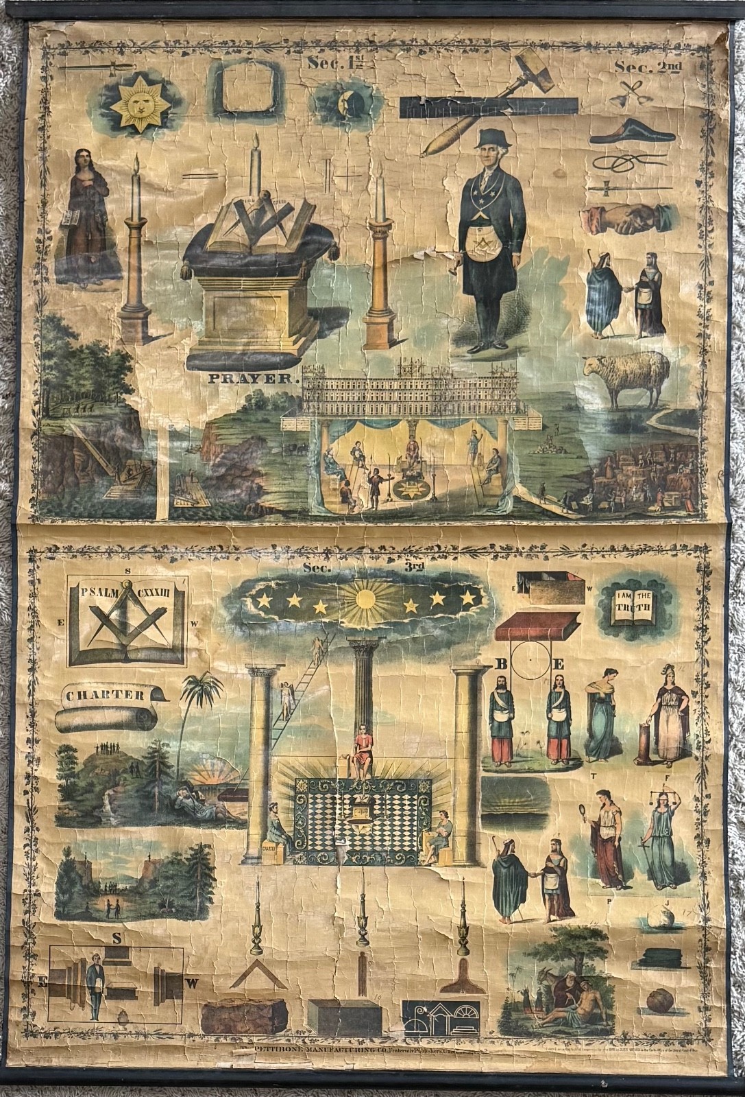 Antique Masonic Chart Banner 1890s Pettibone Mfg Co Master’s Carpet Lithograph Antique Masonic Chart Banner 1890s Pettibone Mfg Co Master’s Carpet Lithograph