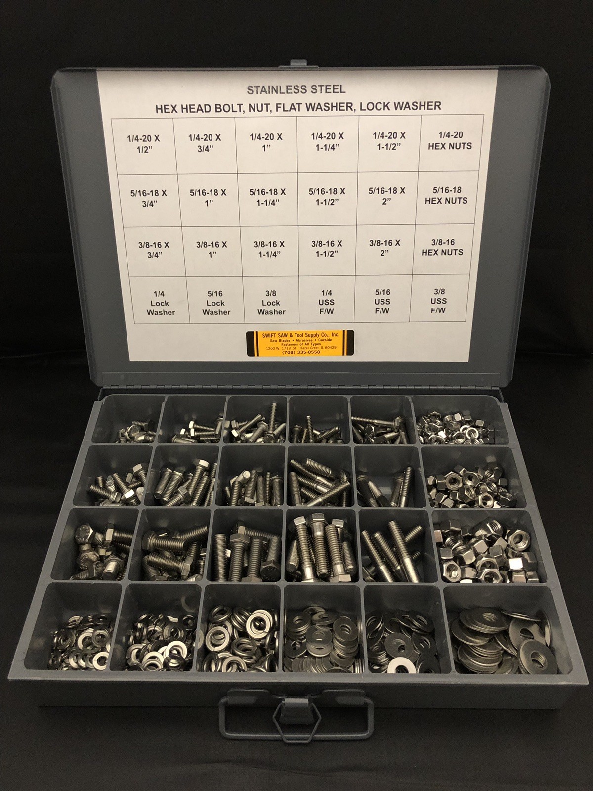 980pcs ASSORTMENT- STAINLESS BOLT, NUT, WASHER, & LOCK WASHER 1/4” 5/16” 3/8”