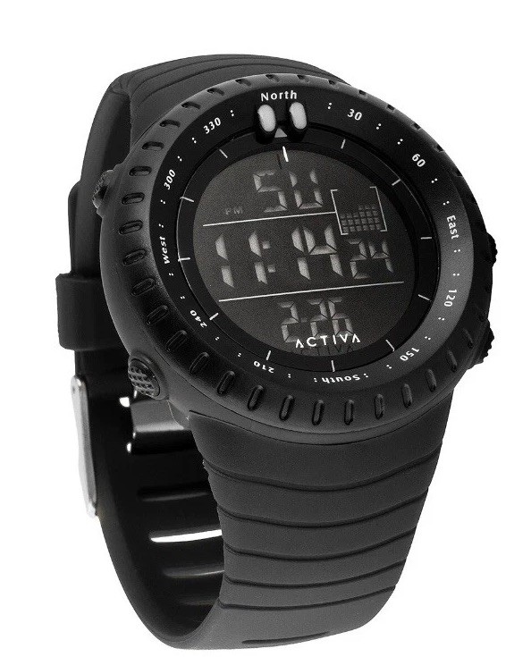 Activa digital quartz sport wristwatch black rubber strap compass bezel box Activa digital quartz sport wristwatch black rubber strap compass bezel box