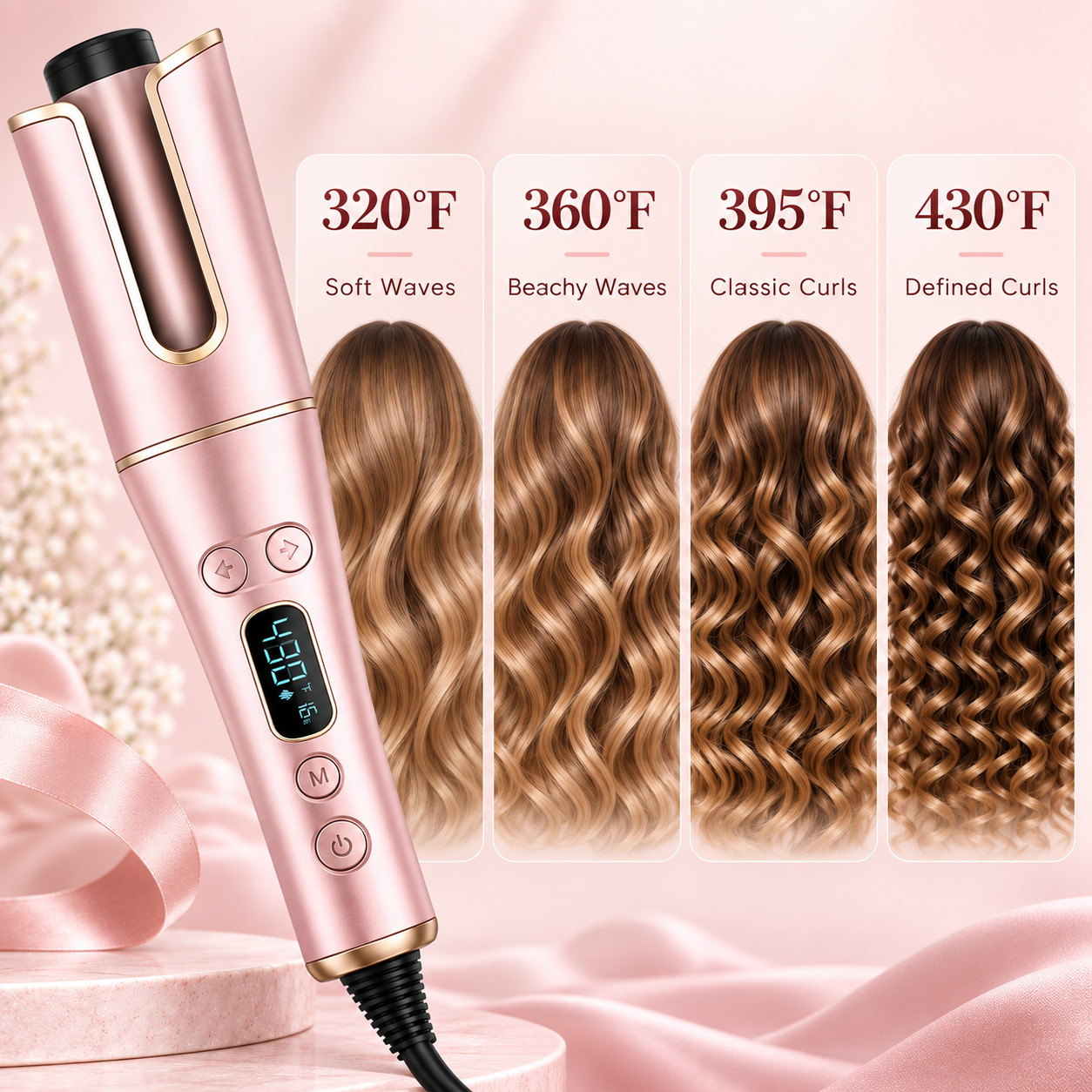 Automatic Hair Curler with LCD Display – 1” Rotating Barrel, 4 Heat Settings, 3