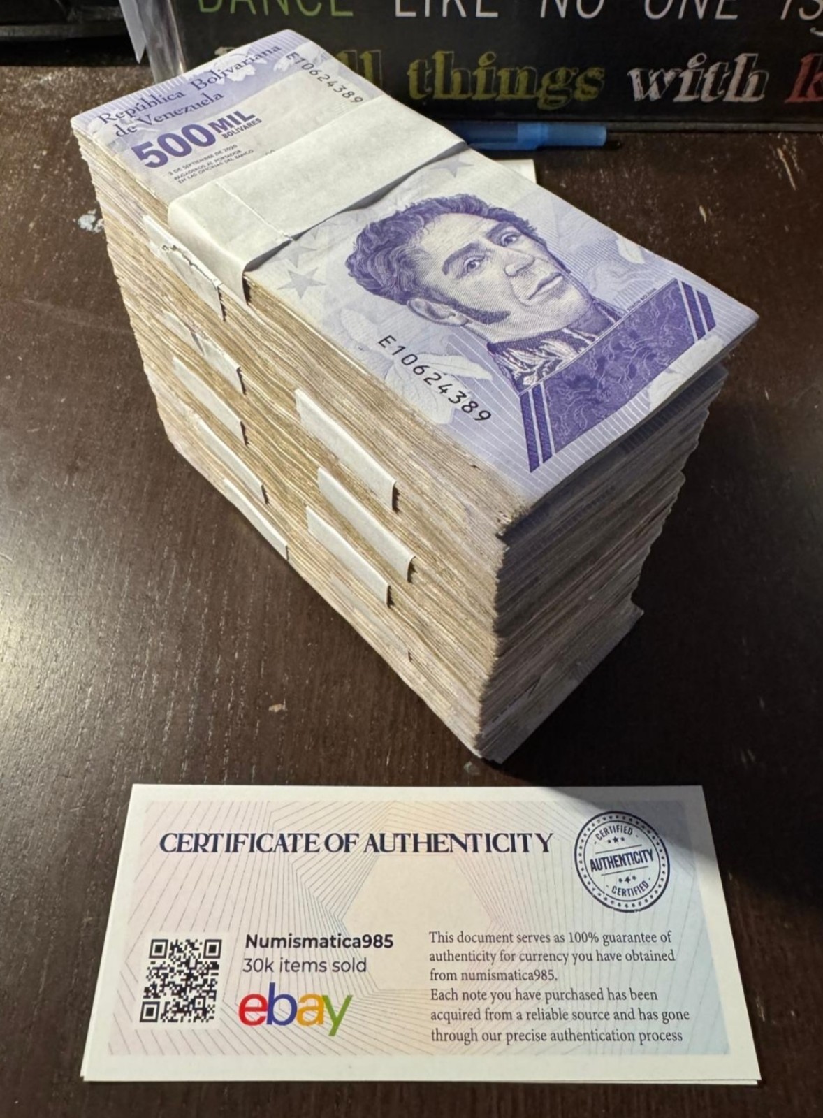 500 PCS Venezuela 500 Mil Bolivar Soberano 500,000 CIRCULATED 1/2 Bundle W/COA 2