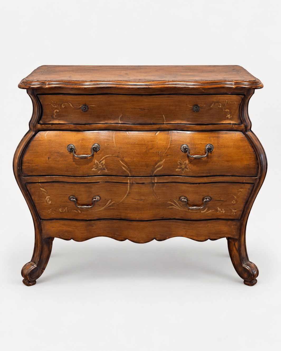 Vintage French Provincial Bombe Chest of Drawers 3-Drawer Wood Floral Carved
