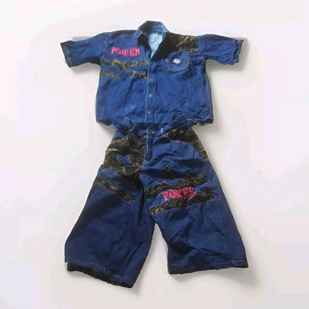 Vintage Tim\'s Two Piece 90\'s Hip-Hop Denim Shirt And Short Jeans - Made In USA Vintage Tim\'s Two Piece 90\'s Hip-Hop Denim Shirt And Short Jeans - Made In USA