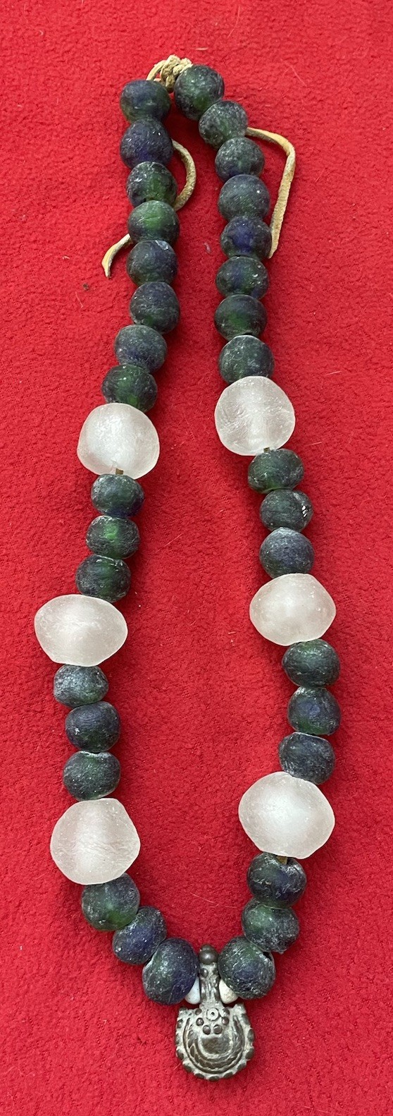 Magnificent Old African Large Glass Bead Necklace With Bronze Bell Amulet Magnificent Old African Large Glass Bead Necklace With Bronze Bell Amulet