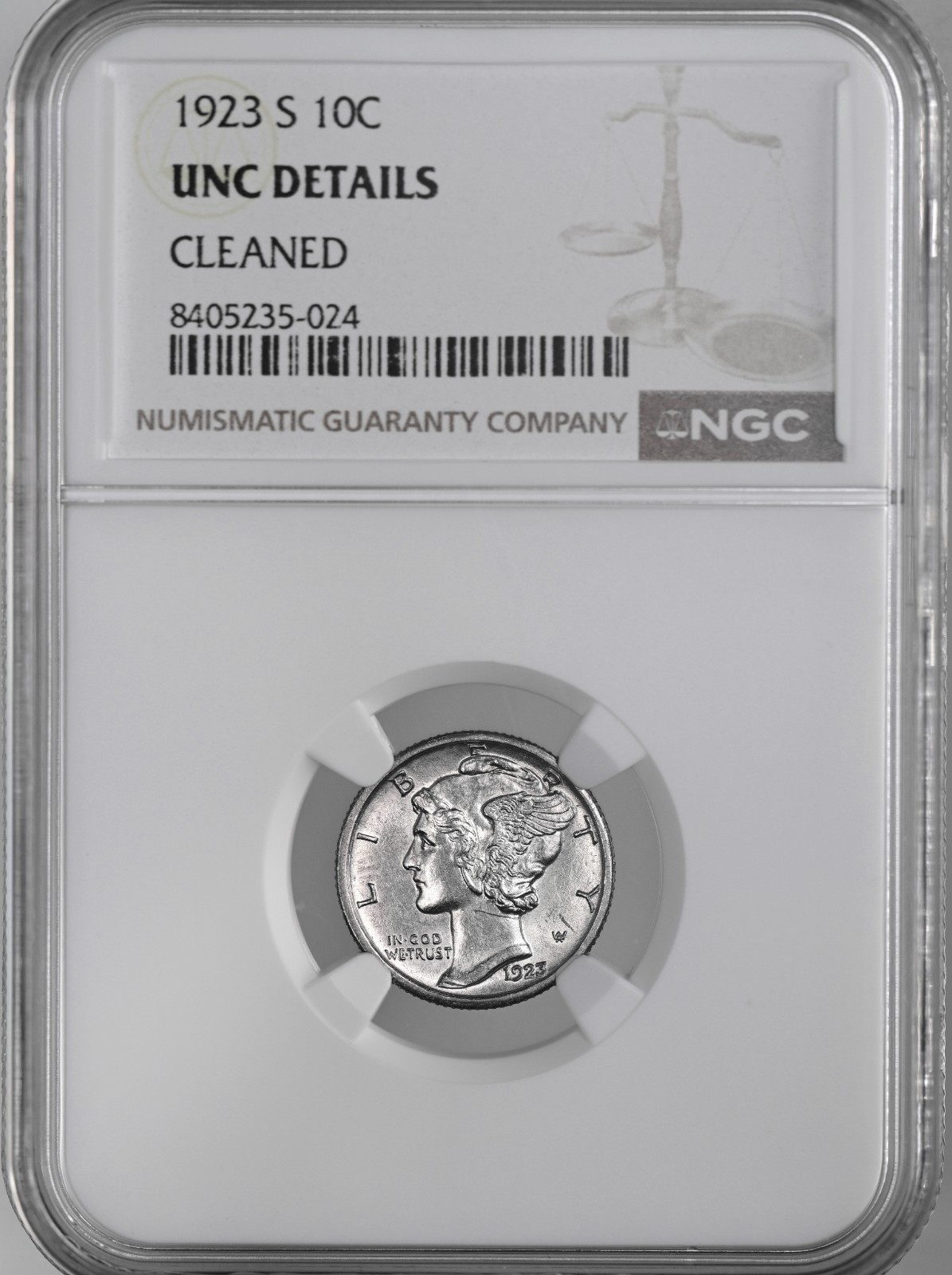 1923-S  10C  MERCURY SILVER DIME  NGC UNC DETAILS \