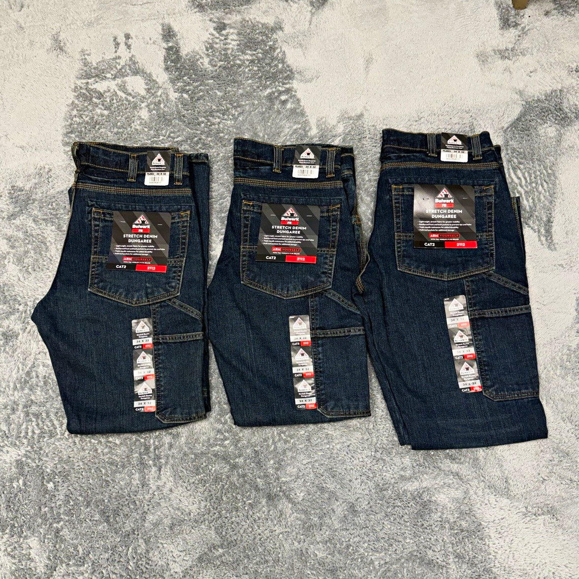 3 Pair Lot Bulwark FR Stretch Denim Jeans 34x32 CAT 2 NFPA 2112 NWT