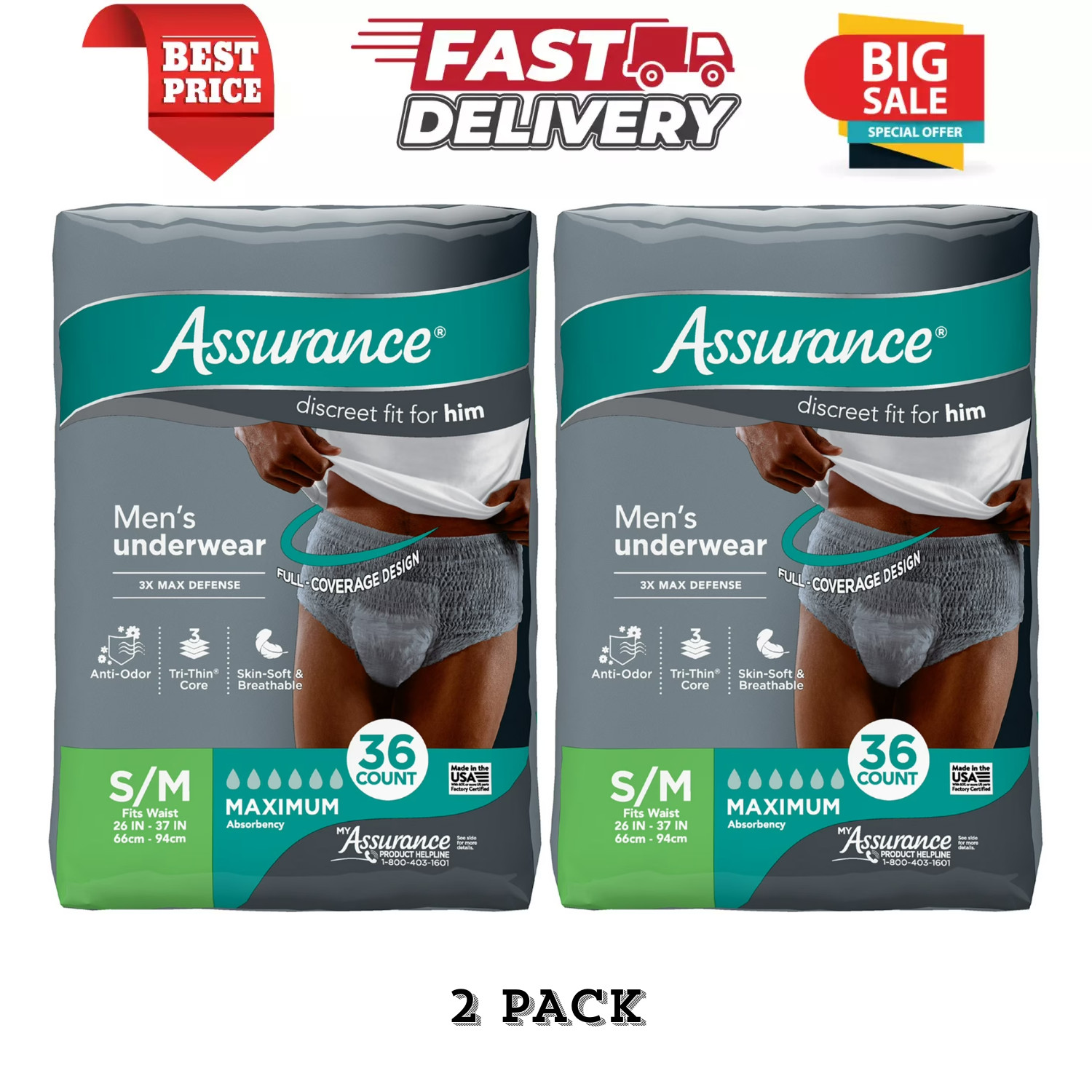 Assurance Men\'s Incontinence Underwear, S/M, Max Absorbency, 72 Ct (2 Pack x 36)