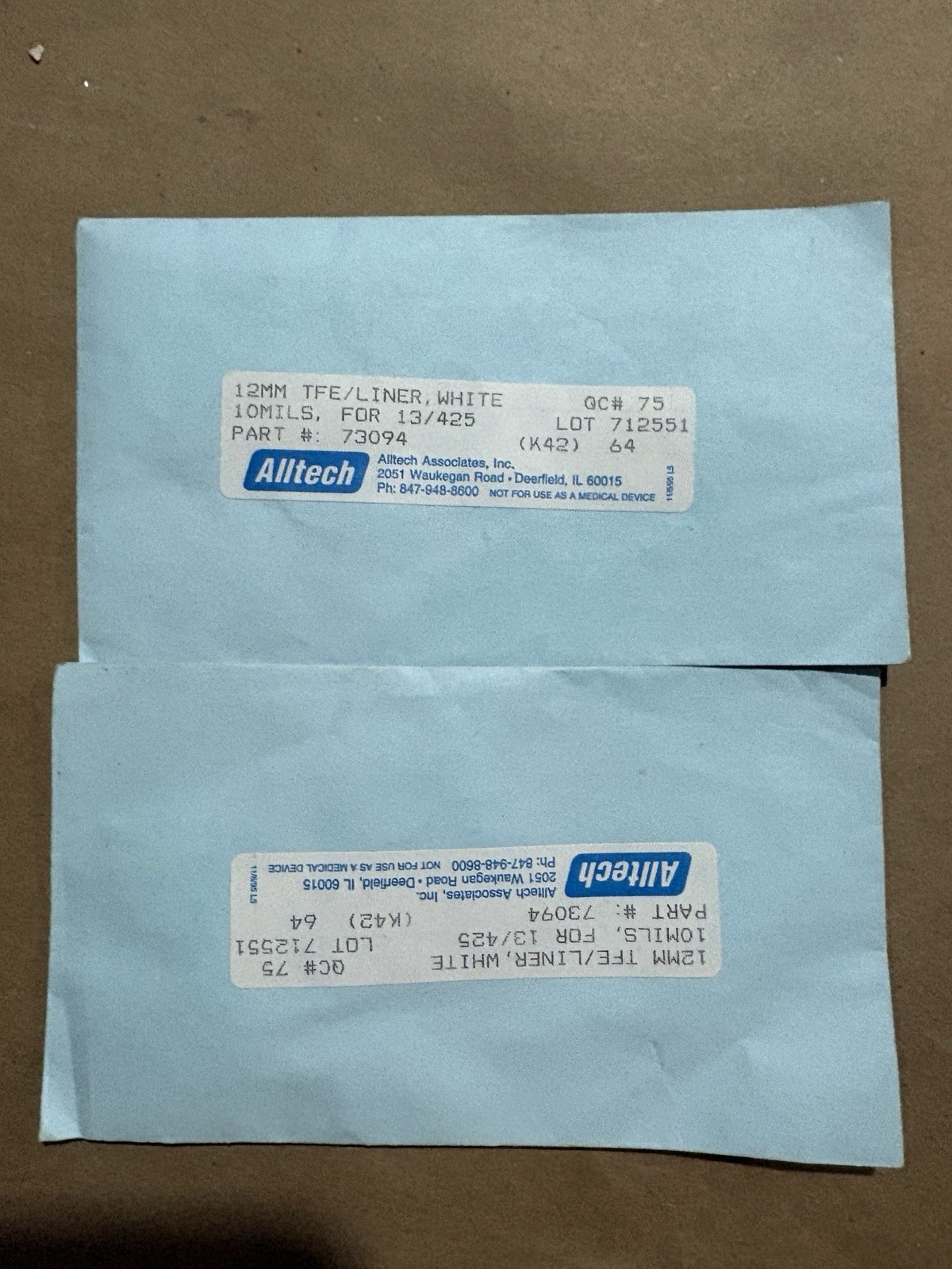 Alltech 73094 12mm TFE Lined Vial Caps White Lot of 2 Packs NOS