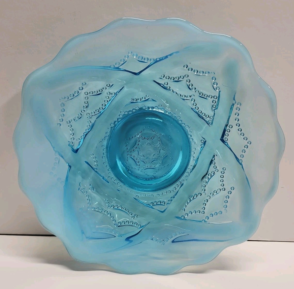 Antique Jefferson Glass Many Loops Blue Opalescent Ruffled Bowl EAPG No 247 8”
