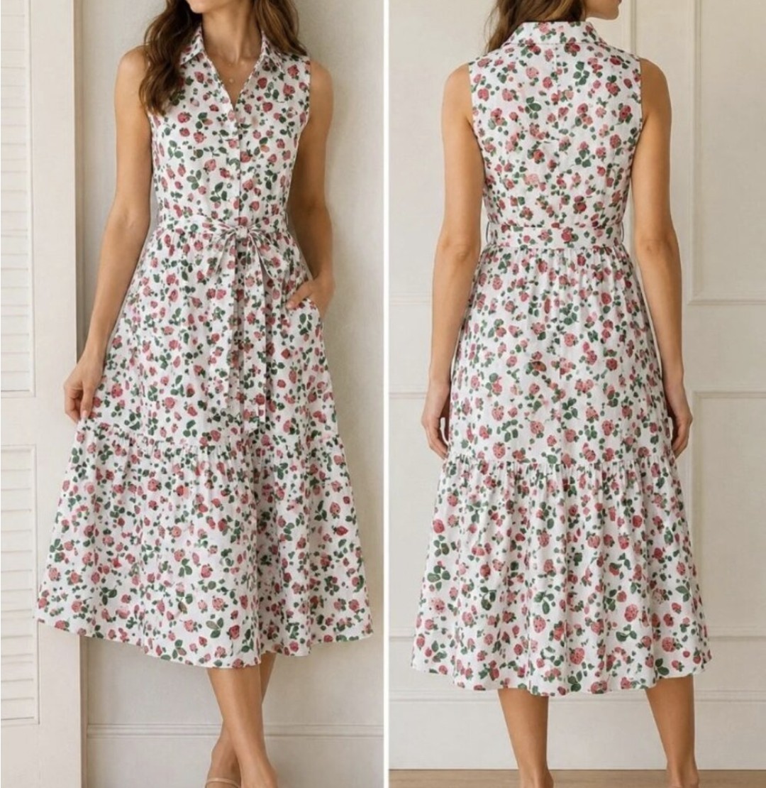 J.Crew Factory Strawberry Shirt Dress, Size 14, Tiered Midi J.Crew Factory Strawberry Shirt Dress, Size 14, Tiered Midi