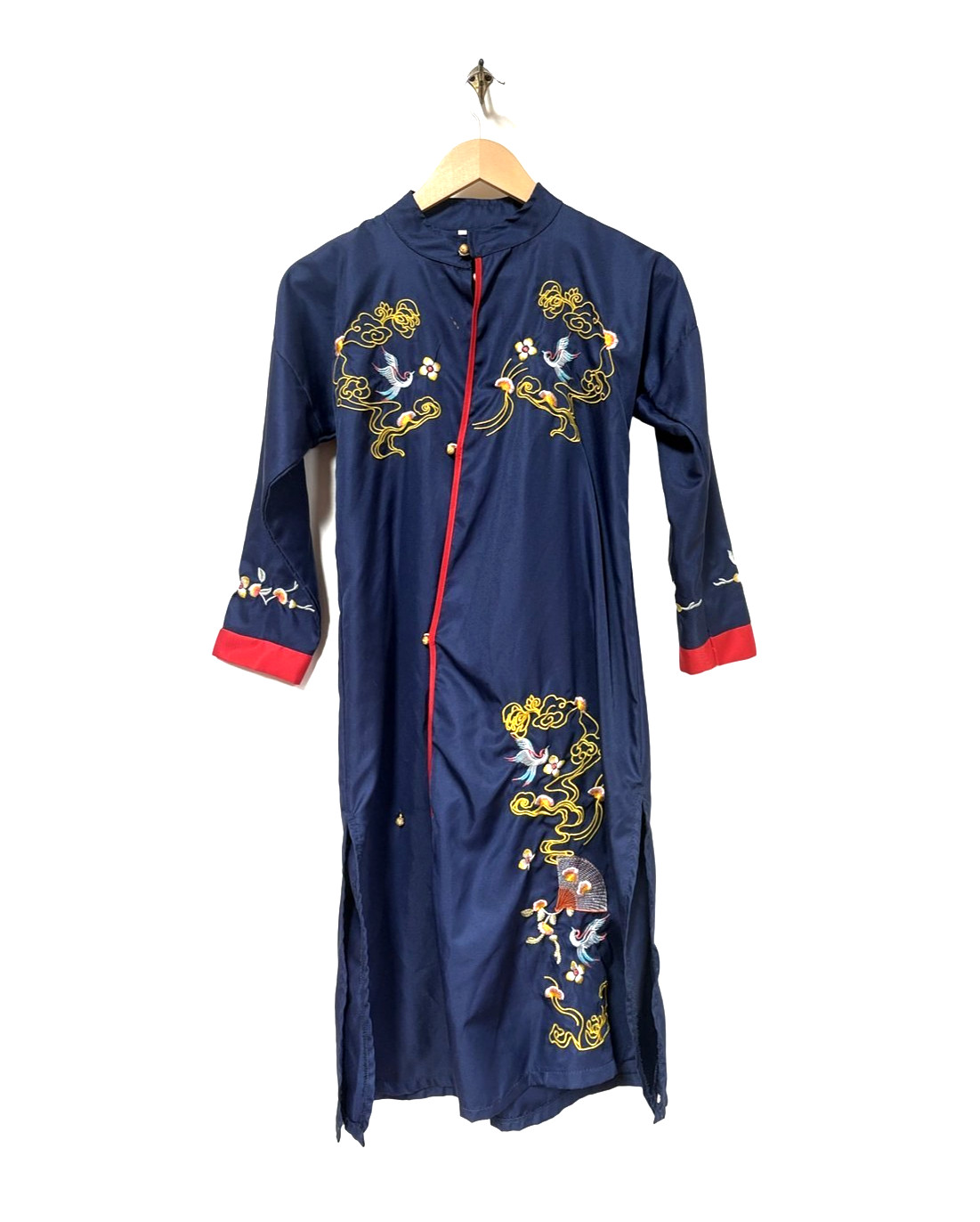 Vintage Embroidered Crane Robe Dress Navy Red Trim Mandarin Collar Size S Vintage Embroidered Crane Robe Dress Navy Red Trim Mandarin Collar Size S