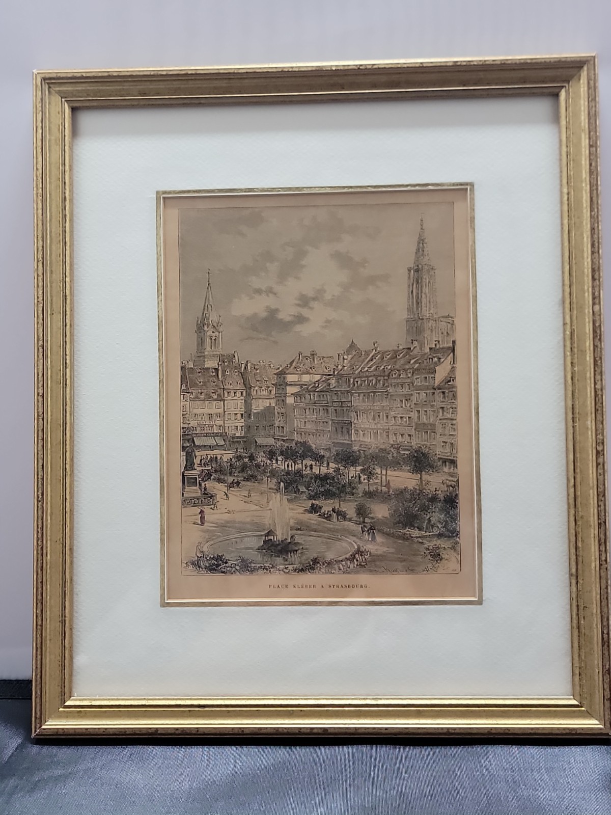 Antique 1888 Wood Engraving Place Kleber Strasbourg France Lancelot Framed