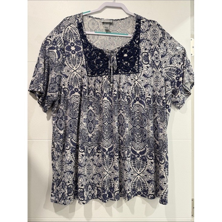 Catherines Blouse Womens 2X Blue Excellent Paisley Crochet Lace Scoop Neck Top