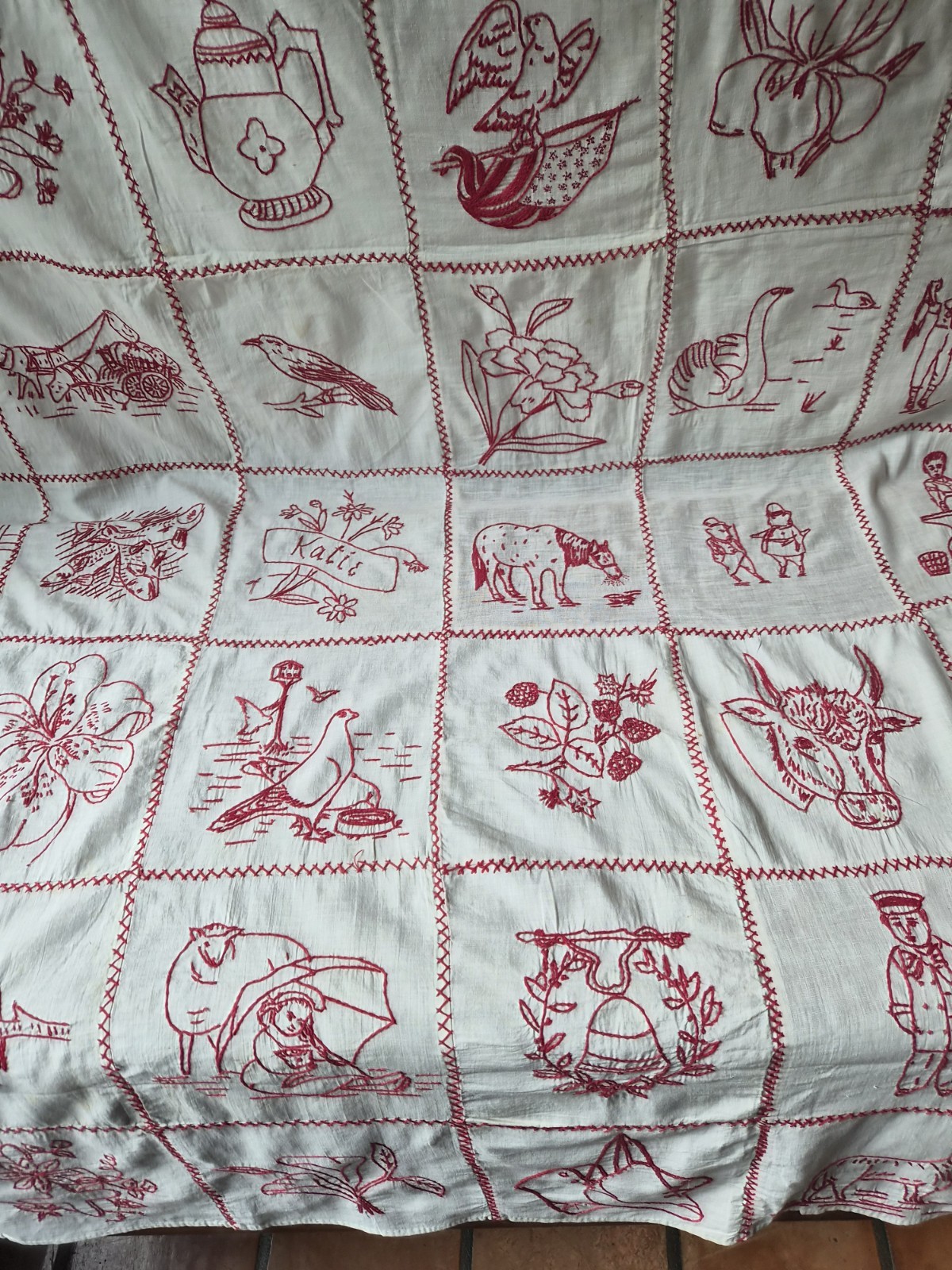 Charming Antique Redwork Embroidered Storybook Coverlet, All Hand Done,