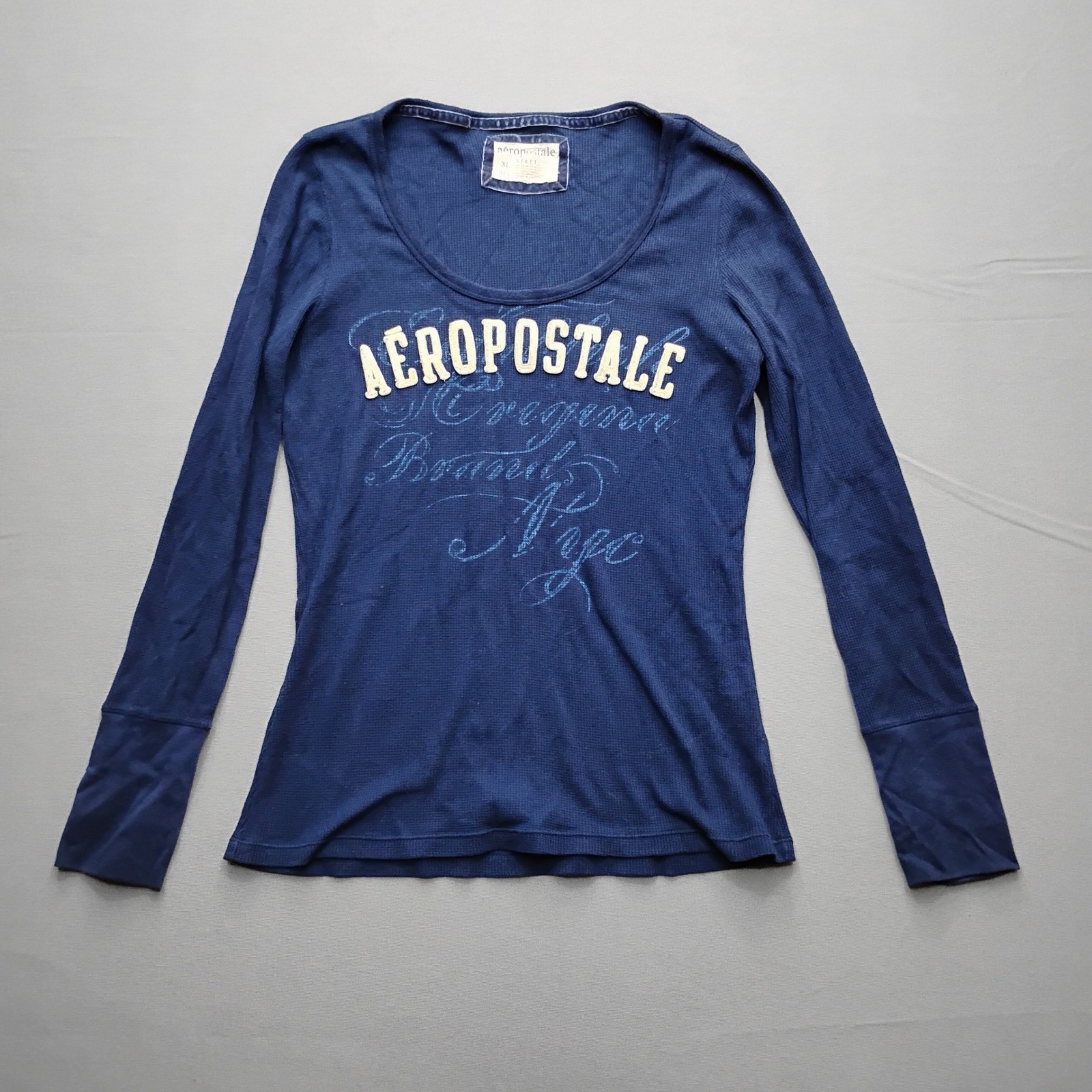 Aeropostale Womens XL Blue Waffle Knit Long Sleeve Graphic Top Y2K Aeropostale Womens XL Blue Waffle Knit Long Sleeve Graphic Top Y2K