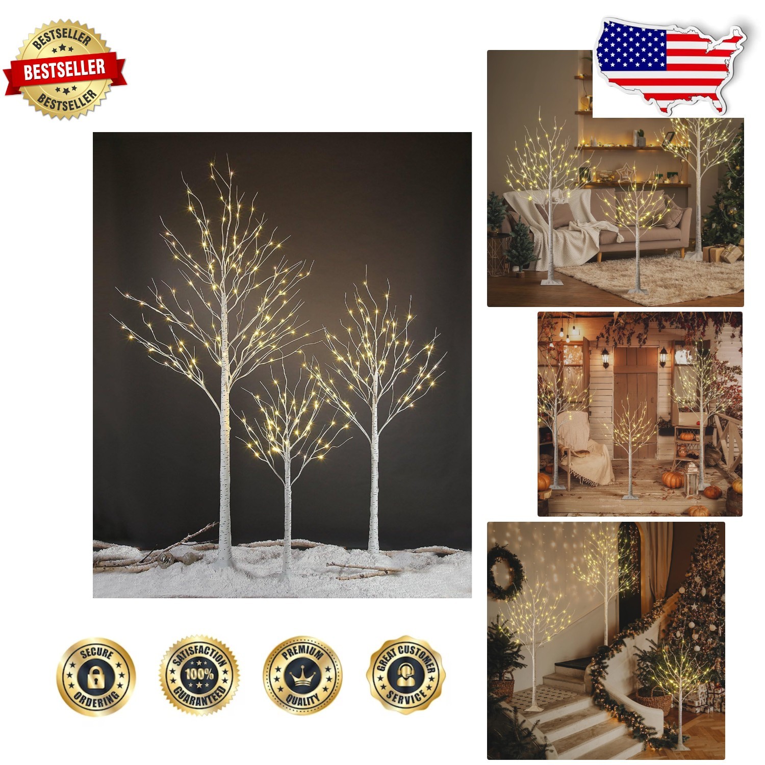 Stunning 4ft 6ft 8ft Birch LED Tree 3-Pack - Waterproof Warm White Holiday Decor