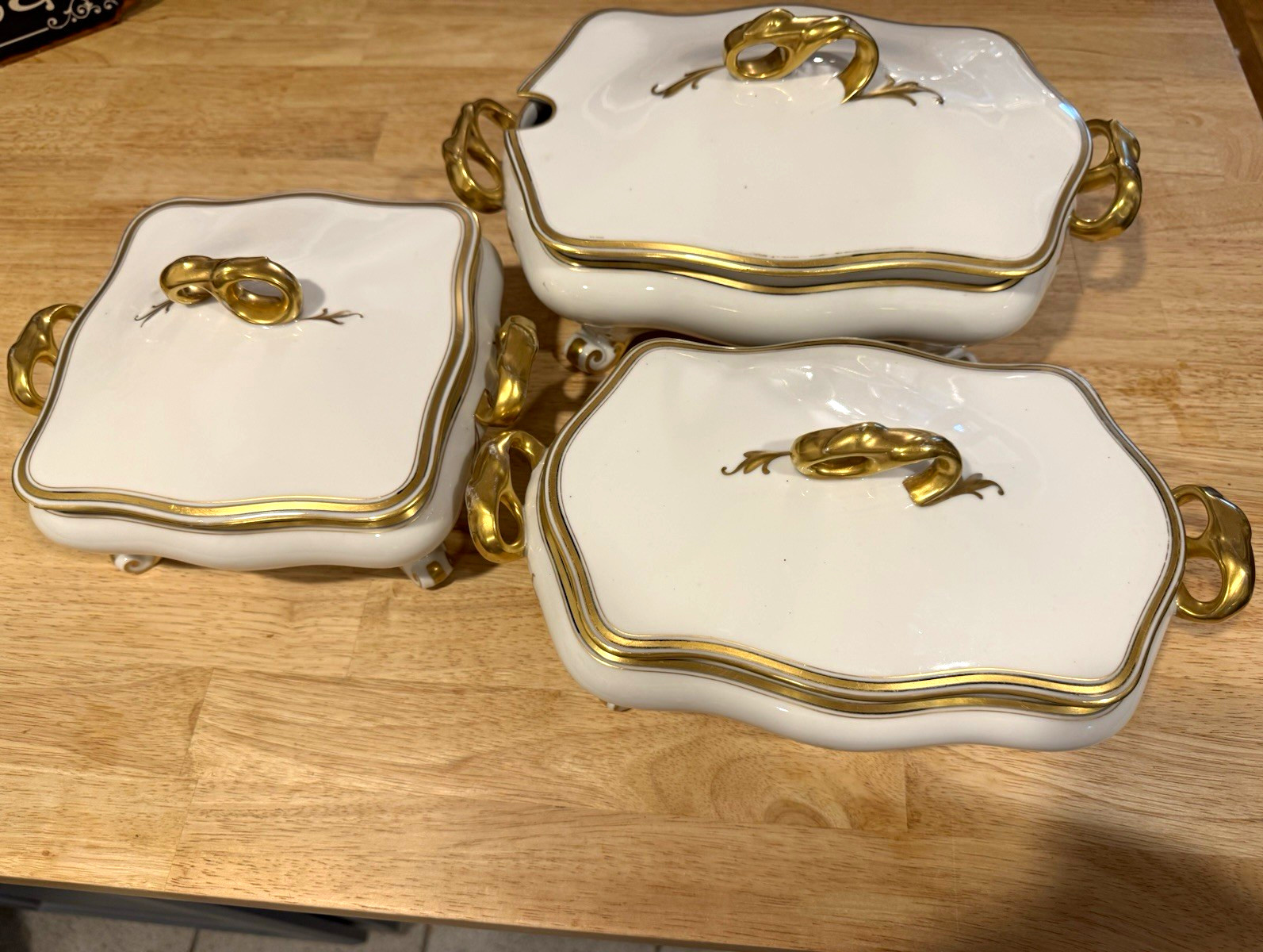 Antique Old Abbey Limoges France 3 Covered Dishes Gold Gilt c1900