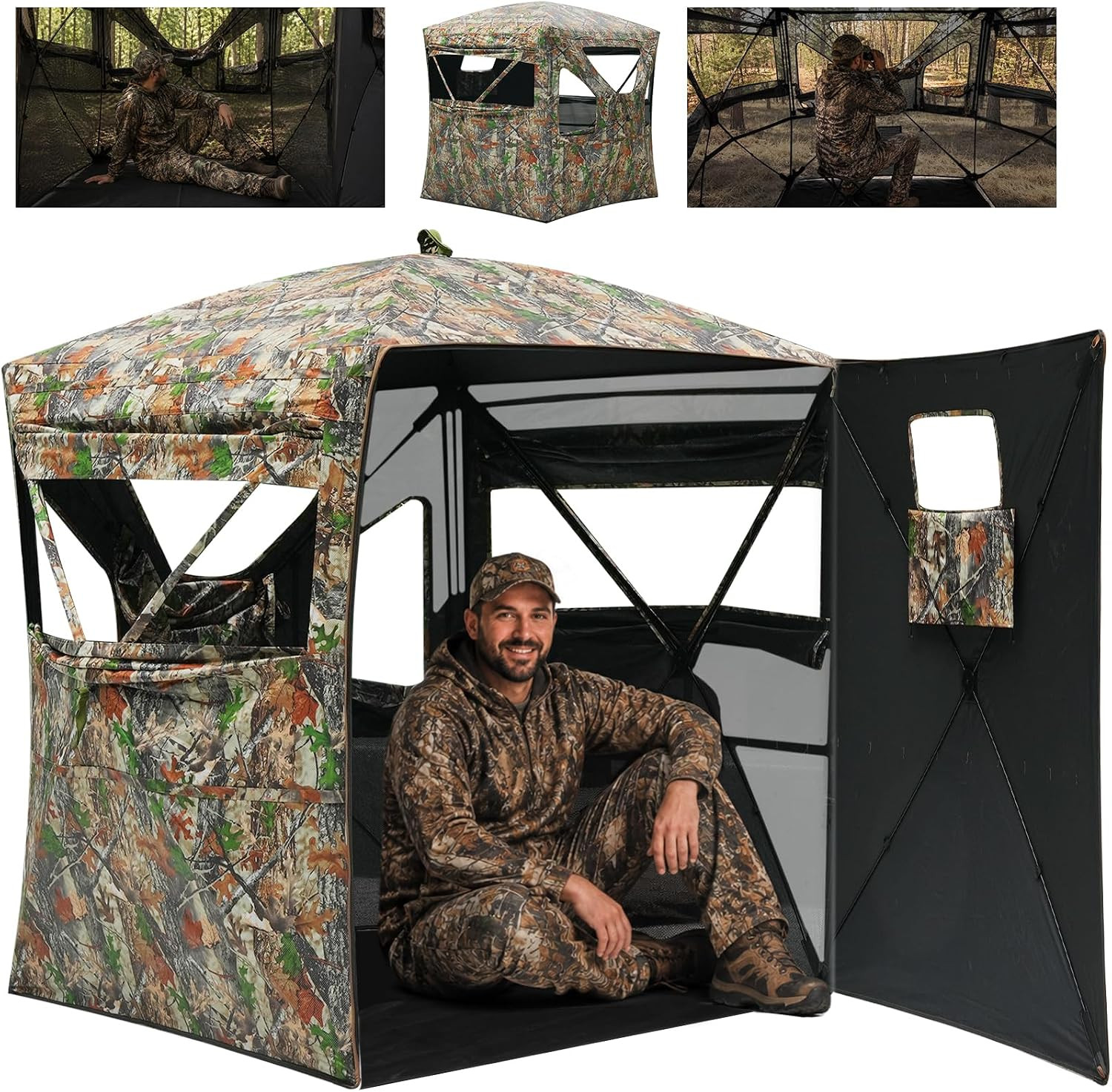 Hunting Blind, 270° See through Ground Blind with 2-In-1 Floor Mat