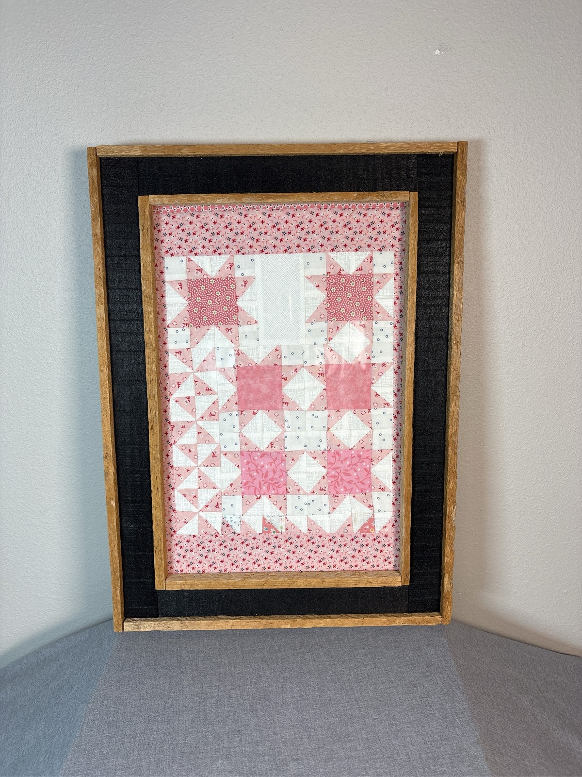 Beautiful Handmade Quilt Block Wall Art Pink Floral Patchwork Wood Frame 19x12