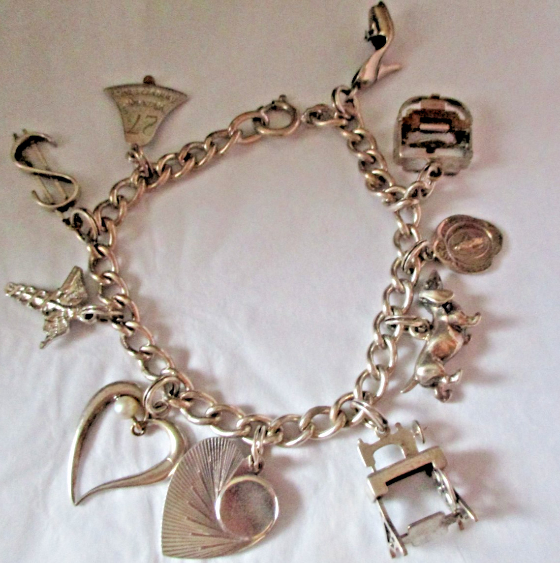 Vintage Mid-Century Sterling Silver Curb-Link Charm Bracelet 10 charms, 8 inch