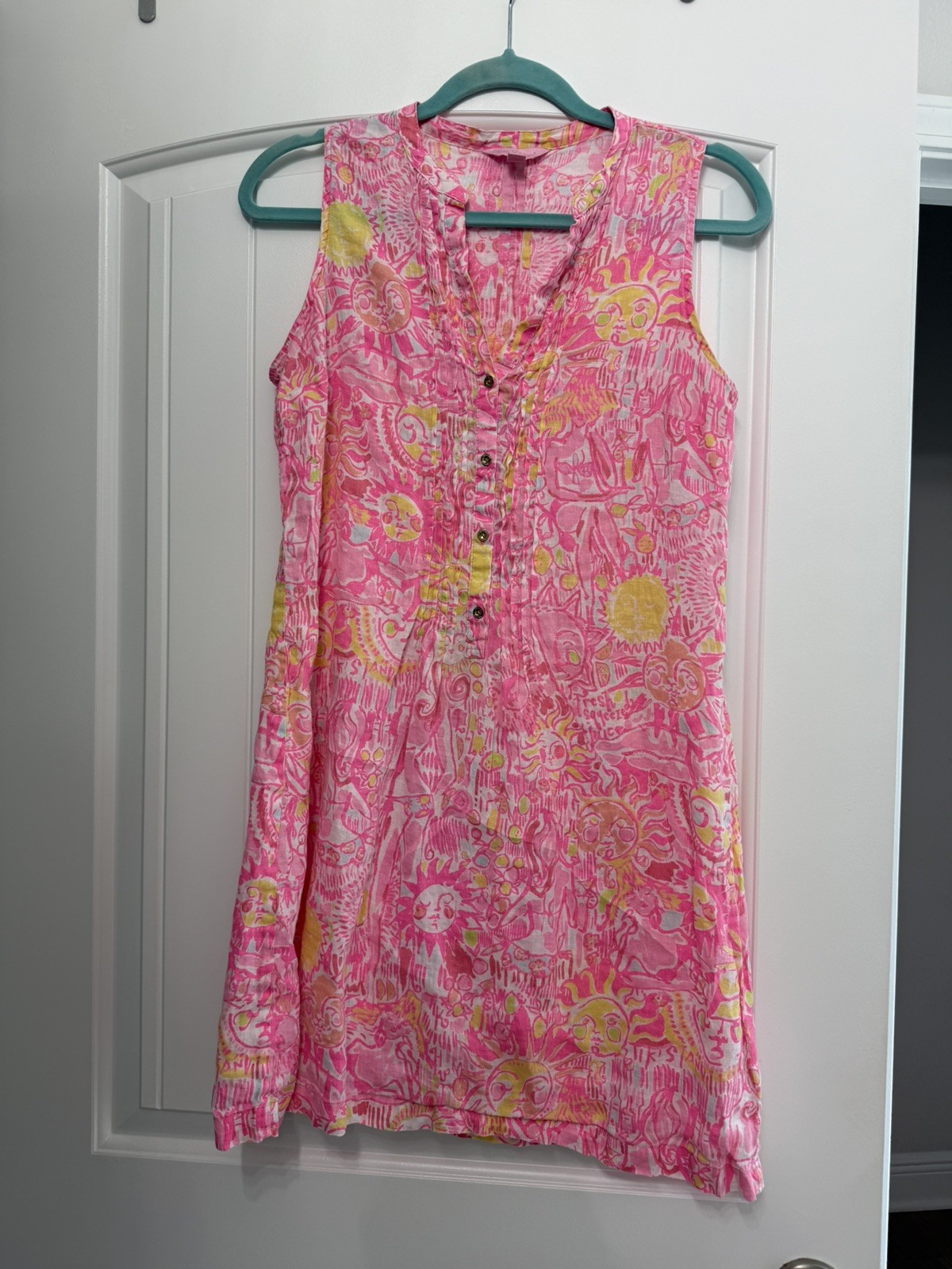 Lilly Pulitzer Pink Linen Sleeveless Shift Dress Size S Button Front Floral Lilly Pulitzer Pink Linen Sleeveless Shift Dress Size S Button Front Floral