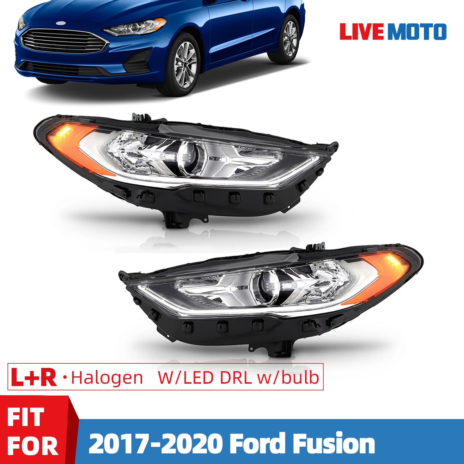 For 2017-2020 Ford Fusion Halogen Headlight w/ LED DRL w/ Bulb Left& Right Pair