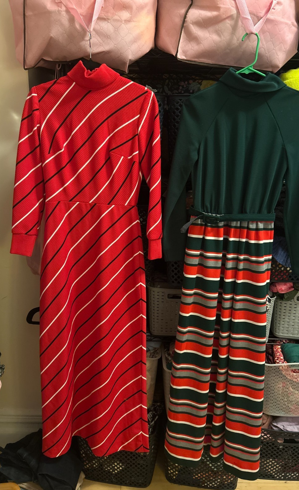 2 vintage 70s 60s midcentury maxi dresses holiday belted retro stripe print fall