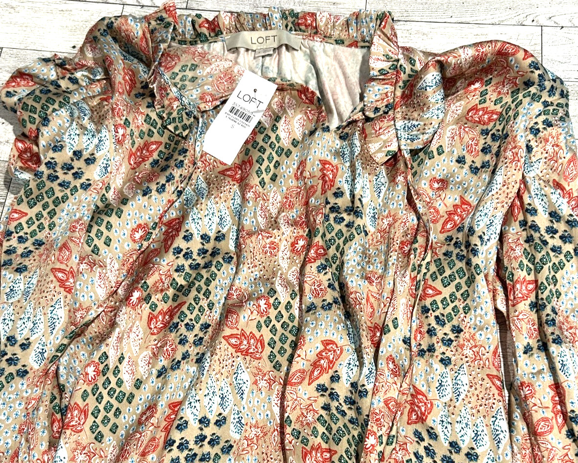 NWT LOFT Garden Cinched Sleeve Ruffle Tye Neck top blouse SMALL NWT LOFT Garden Cinched Sleeve Ruffle Tye Neck top blouse SMALL