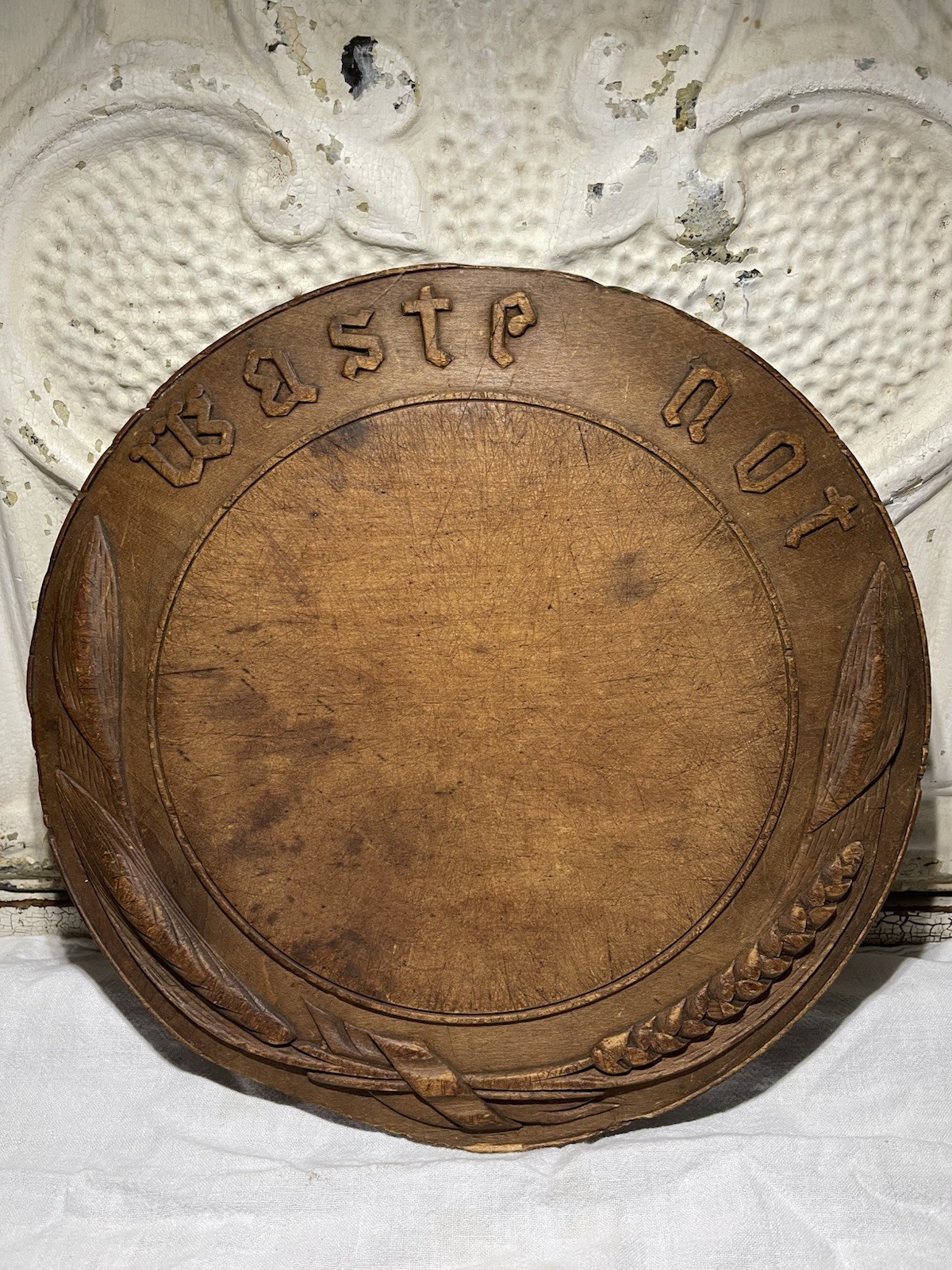 Rare Antique Bread Board “Waste Not” with Wheat and Amazing Patina Rare Antique Bread Board “Waste Not” with Wheat and Amazing Patina