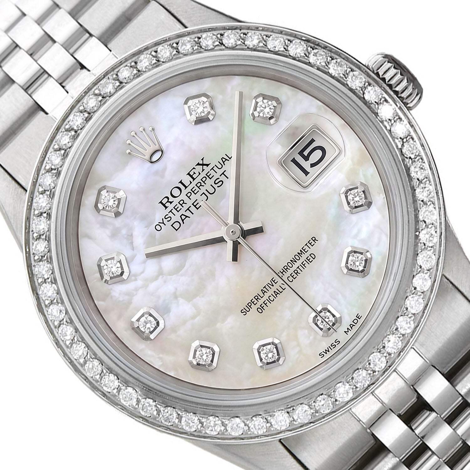 Rolex Datejust 1603 36mm White MOP Dial 18K Gold Diamond Bezel Jubilee Watch