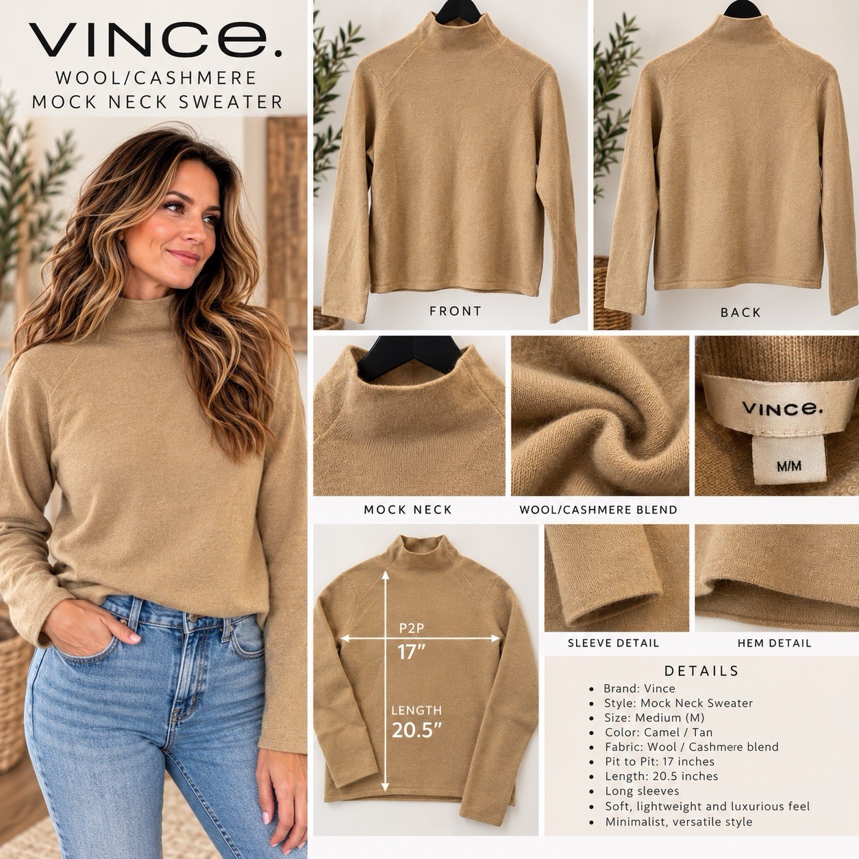 Vince Women’s Wool Cashmere Mock Neck Sweater Camel Tan Size Medium M Minimalist