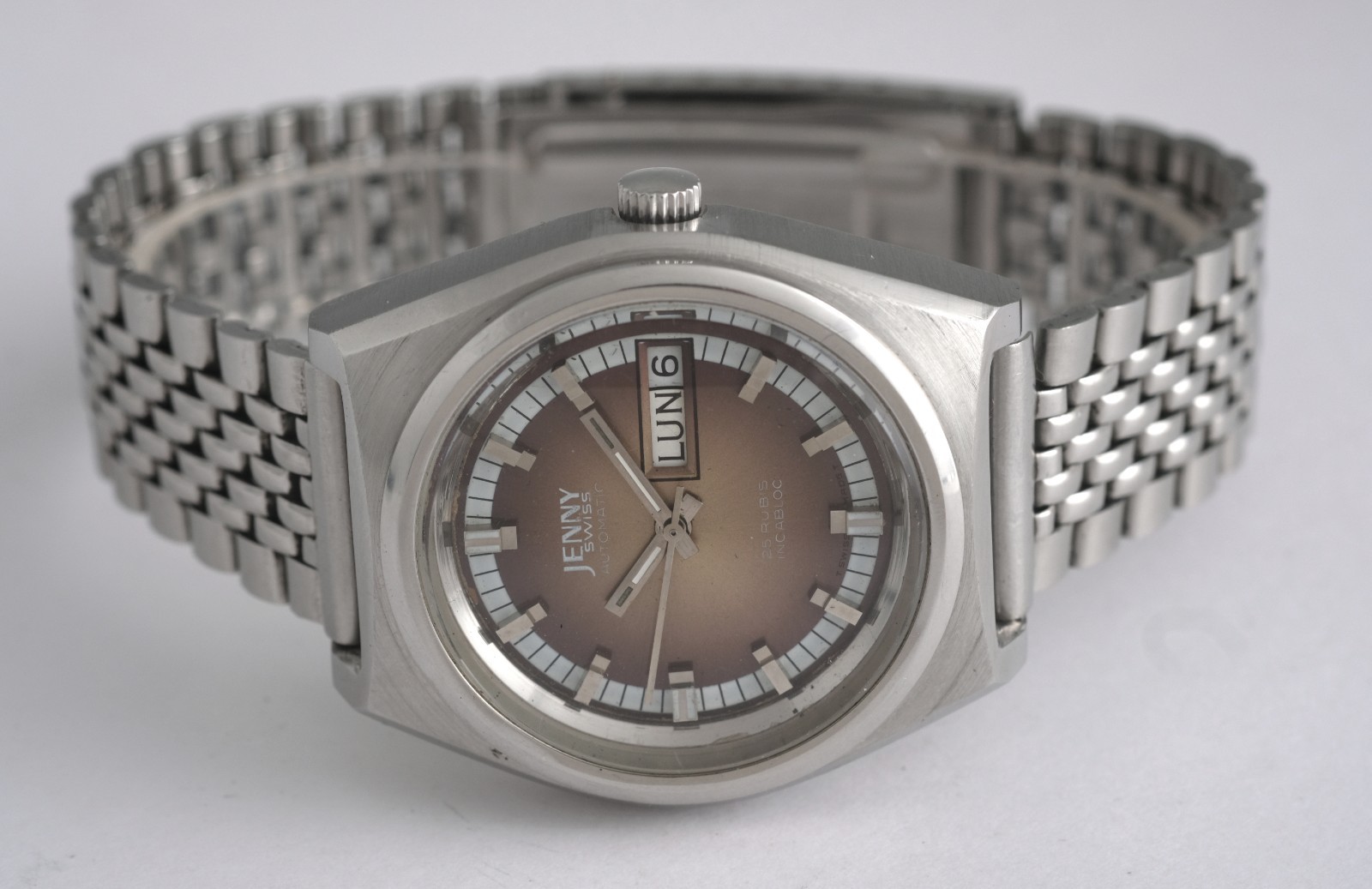 Vintage Jenny (circa 1970), Swiss-made, stainless steel, 38mm, Day-Date, ETA mov