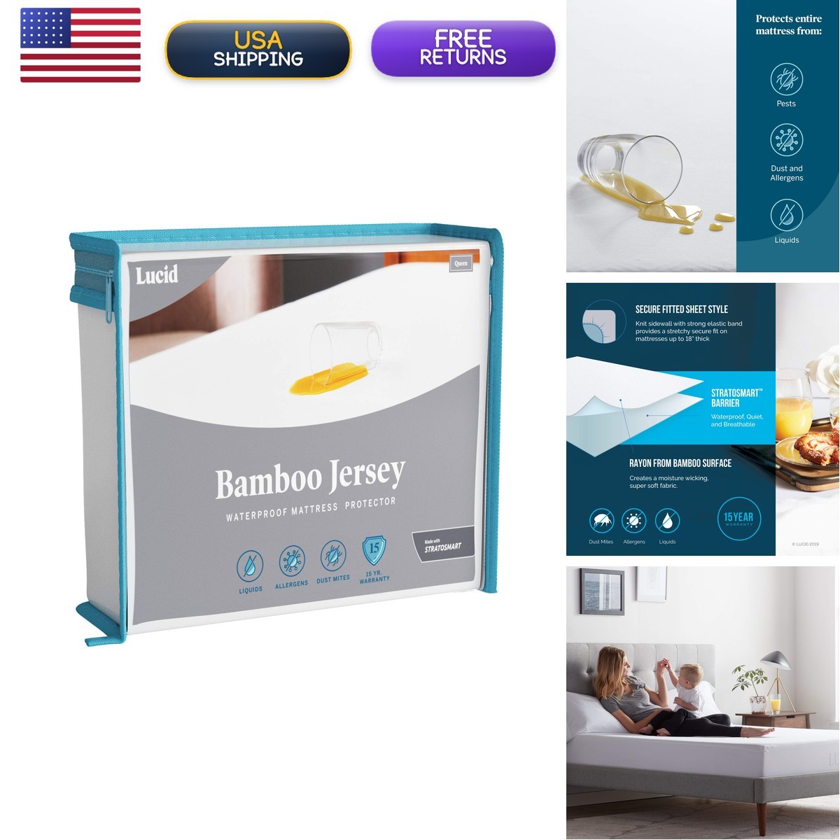 LUCID Premium Rayon From Bamboo Jersey Mattress Protector California King Size LUCID Premium Rayon From Bamboo Jersey Mattress Protector California King Size