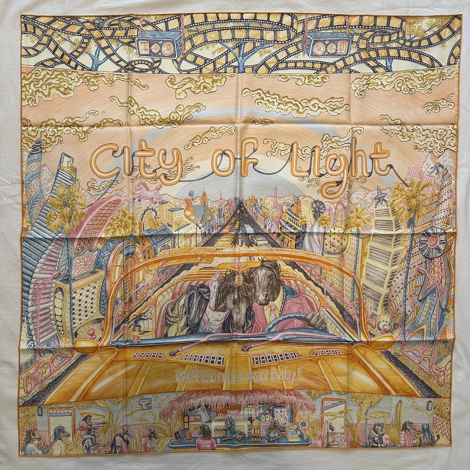 Brand New Hermes City of Light silk scarf 90 cm Orange With Box Carre Brand New Hermes City of Light silk scarf 90 cm Orange With Box Carre