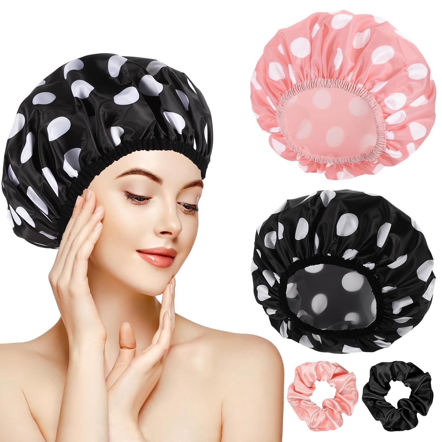 2 Packs Terry Cloth Lined Shower Cap Large Triple Layer Waterproof Pink Black 2 Packs Terry Cloth Lined Shower Cap Large Triple Layer Waterproof Pink Black