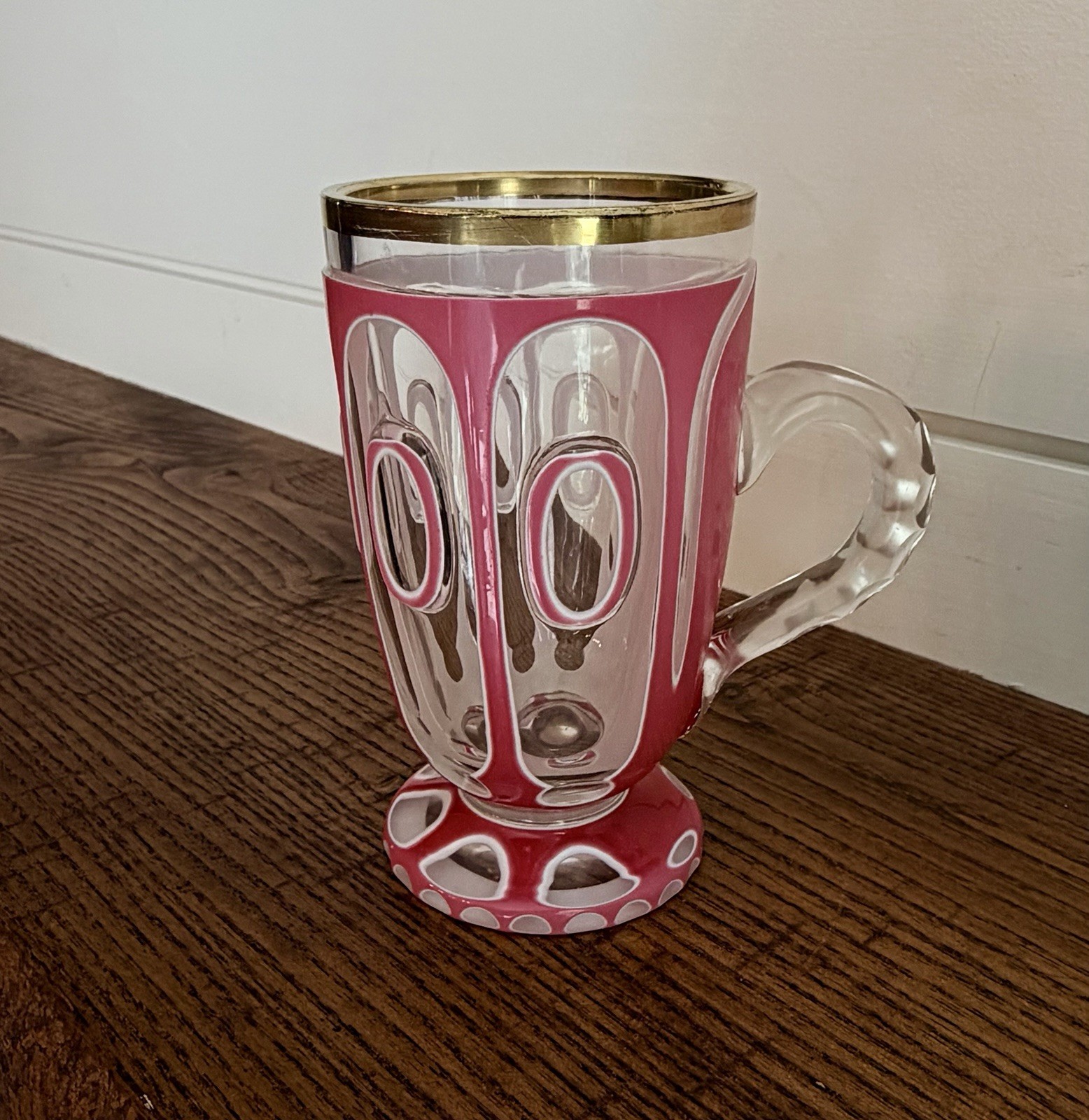 RARE 19th C. Biedermeier Footed Gothic Style Tankard with Double Overlay C. 1850 RARE 19th C. Biedermeier Footed Gothic Style Tankard with Double Overlay C. 1850