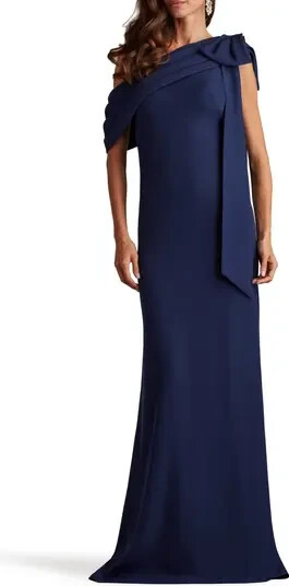 Tadashi Shoji Navy Blue One-Shoulder Bow Detail Crepe Gown Size 16 $378
