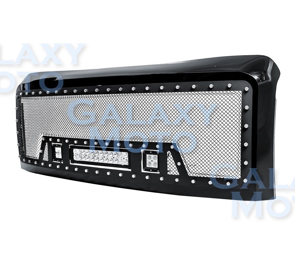 08-10 Ford Super Duty Rivet Black SS Mesh Grille+Black Shell+LED+LED Light Bar