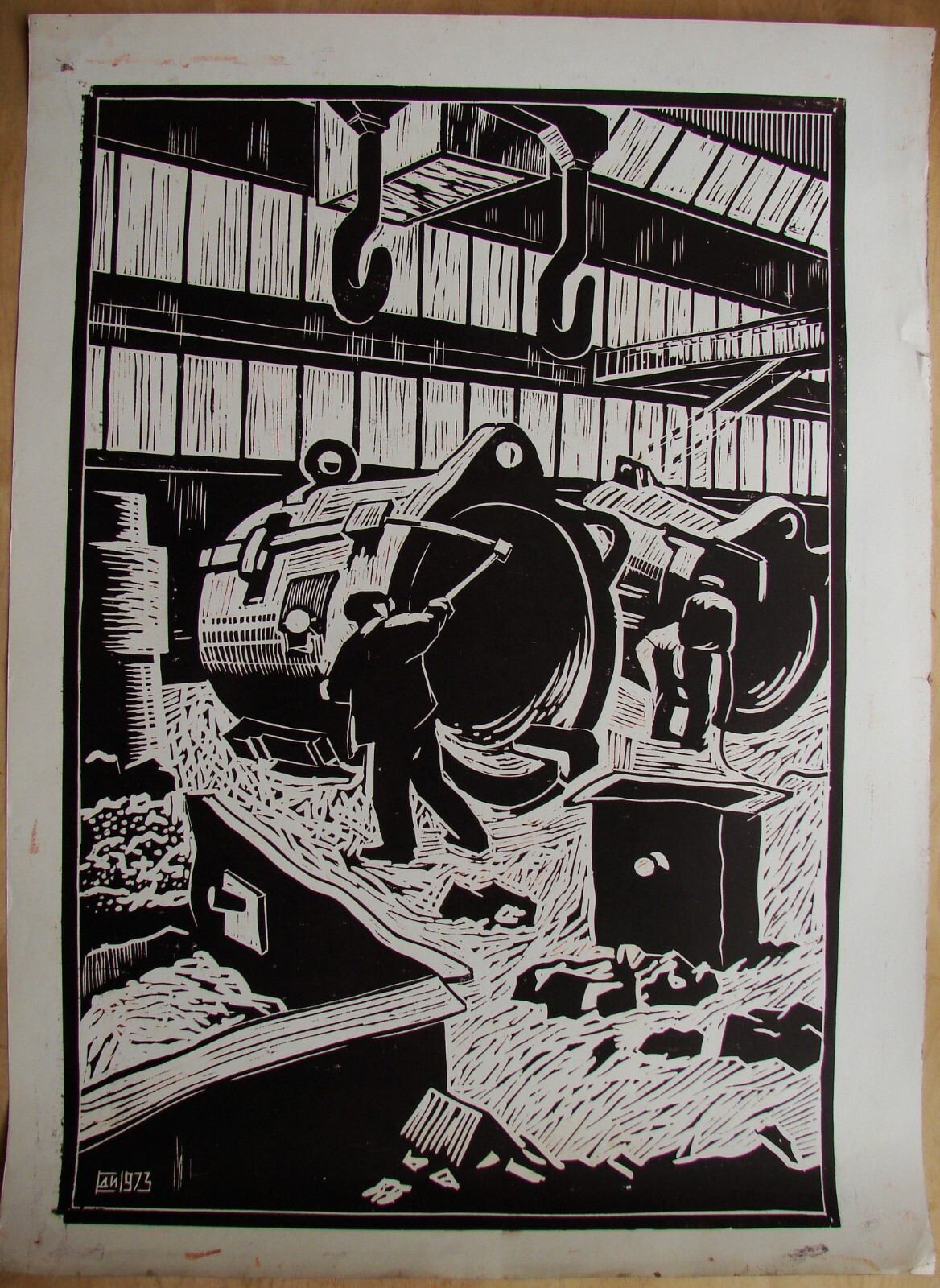 Ukrainian Soviet USSR Linocut socrealism steelworker figure foundry workshop Ukrainian Soviet USSR Linocut socrealism steelworker figure foundry workshop