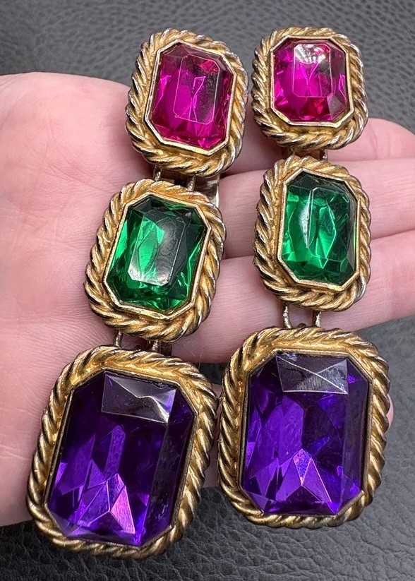 VTG 80s Huge Chicklet Rhinestone Statement Purple Green Pink Runway Gold Tone