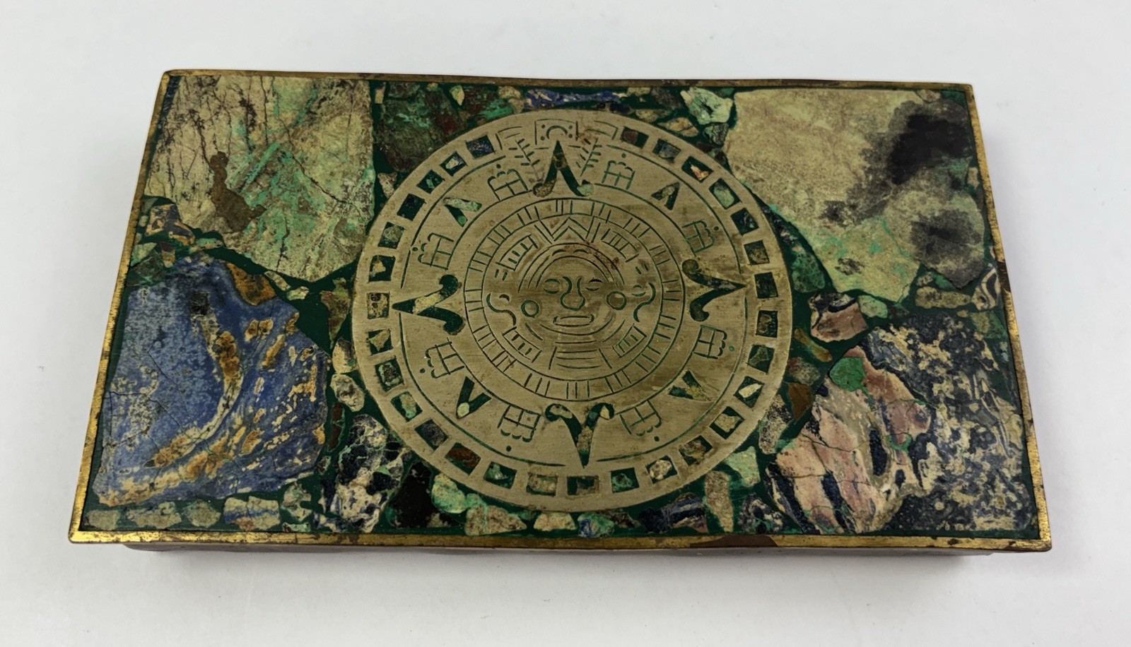 Vtg Mexican Brass Crushed Stone Mosaic Aztec Sun Calendar Wood Lined Box 7.5