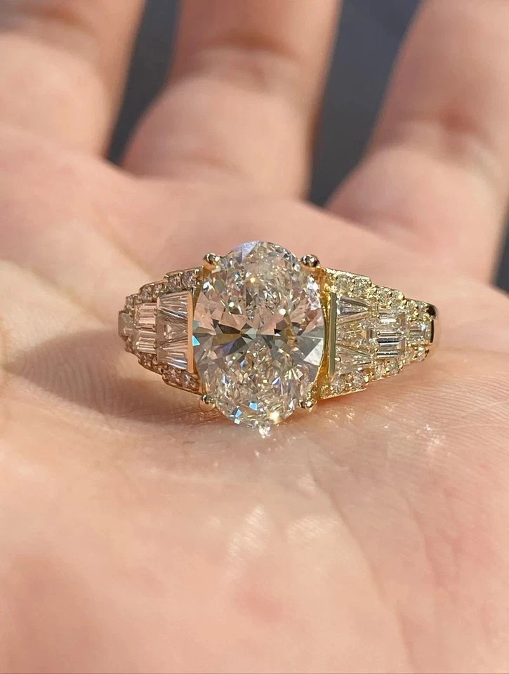 IGI 3 Ct Oval F/VS1 Lab Grown Diamond Women Gift Promise Ring 14K Yellow Gold