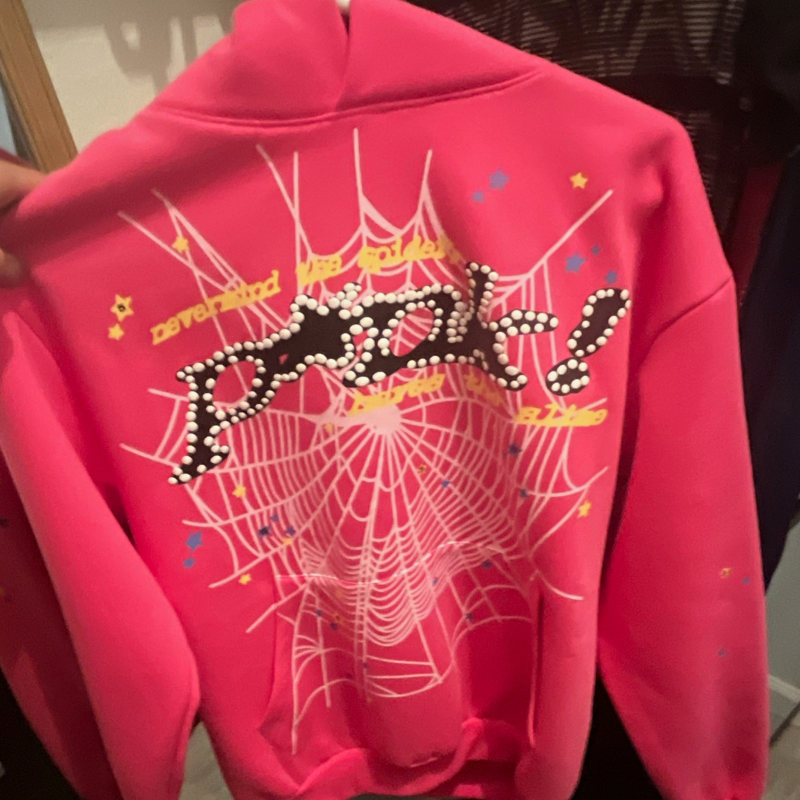 Sp5der Pink Hoodie S Fleece Cotton Blend Graphic Print with holo sticker unworn