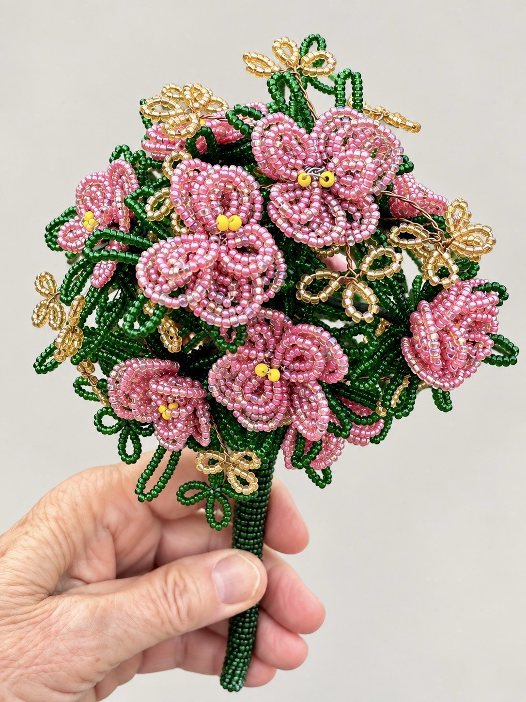 Vintage French Beaded Flower Bouquet Pink & Gold Glass Seed Beads Handcrafted
