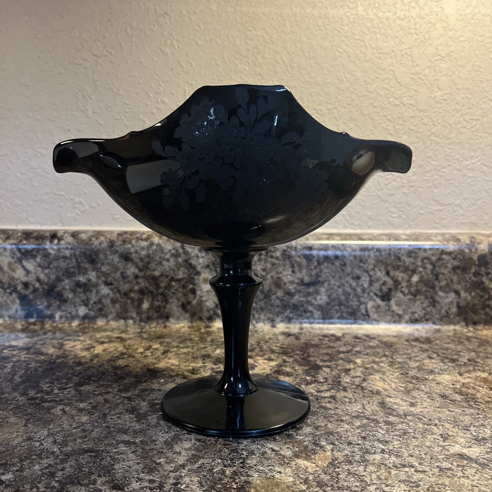 Vtg Black Amethyst Glass Pedestal Compote Bowl Centerpiece Art Deco 8.5x7.5” Vtg Black Amethyst Glass Pedestal Compote Bowl Centerpiece Art Deco 8.5x7.5”