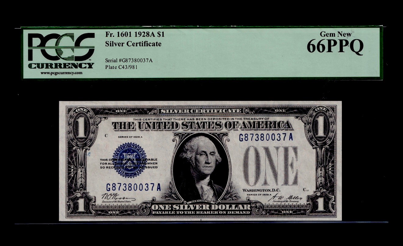 1928A $1 Silver Certificate. FR: 1601. PCGS Currency Graded: 66 PPQ. 1928A $1 Silver Certificate. FR: 1601. PCGS Currency Graded: 66 PPQ.