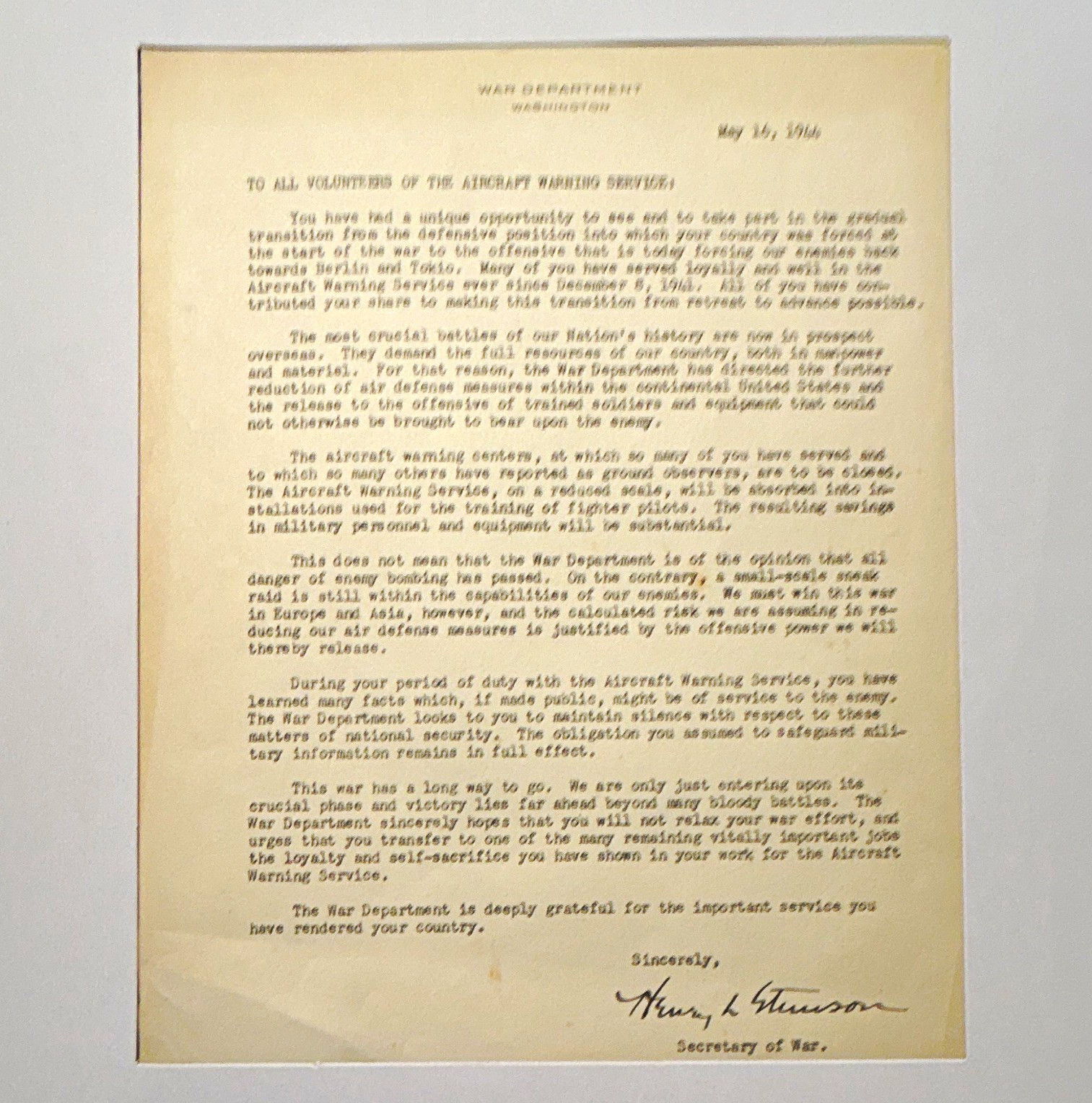 WWII US War Department Aircraft Warning Service Letter May 16 1944 Henry Stimson WWII US War Department Aircraft Warning Service Letter May 16 1944 Henry Stimson